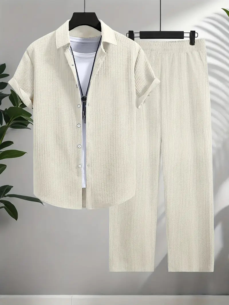 Texture Men's Lapel Sleeve Shirt with Pockets + Drawstring Pants Set