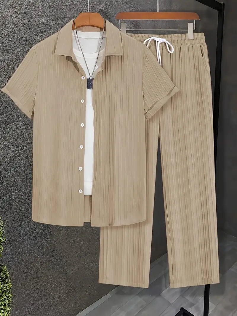 Cross-border Men's Casual Sportswear Top and Bottom Set - Khaki