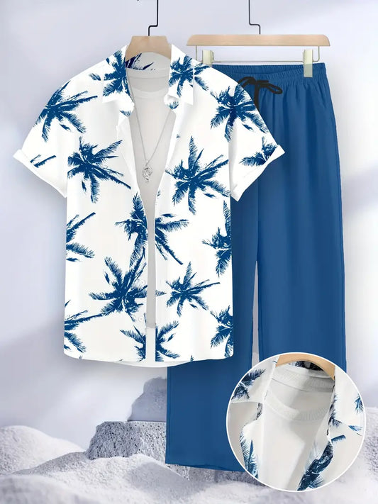 Men's Casual 2pcs Set: Tropical Print Short Sleeve Shirt & Drawstring Pants