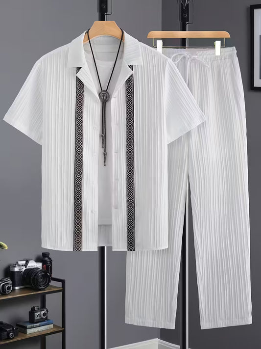 Mature Men's French Stripe Textured Fabric Two-Piece Set -  Four Seasons Fashion Suit