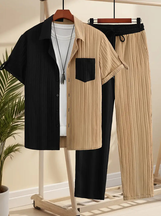 Four Seasons Suit with Single-Breasted Lapel and Contrast Pocket Short Sleeve Shirt and Drawstring Slant Pocket Trousers